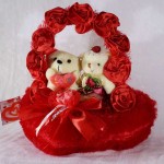 Red Satin Rose Handle Heart with Love Couple Teddy Bears